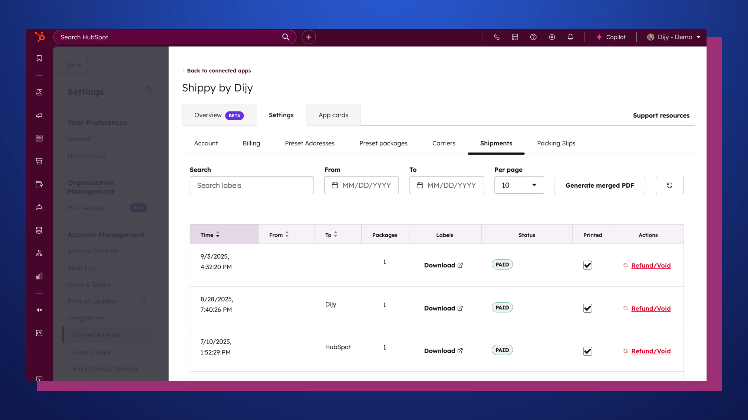 Manage shipments in Shippy settings