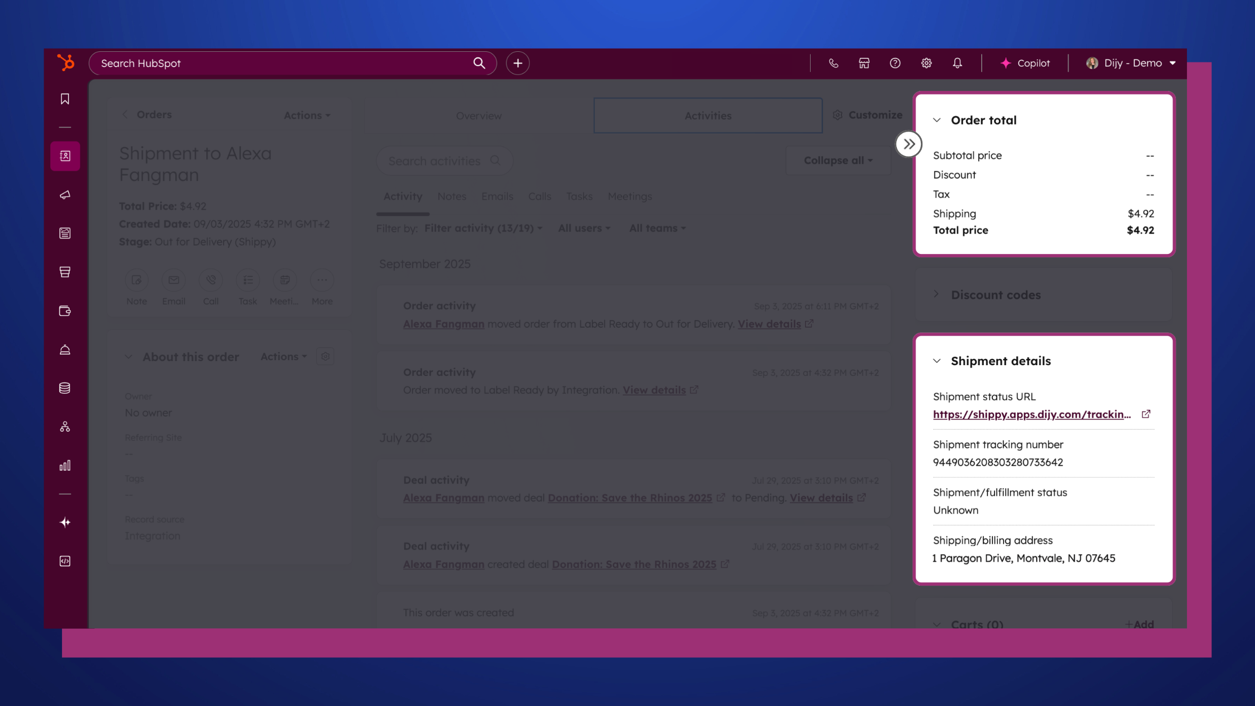 Shippy creates an order object + pipeline for ease of tracking